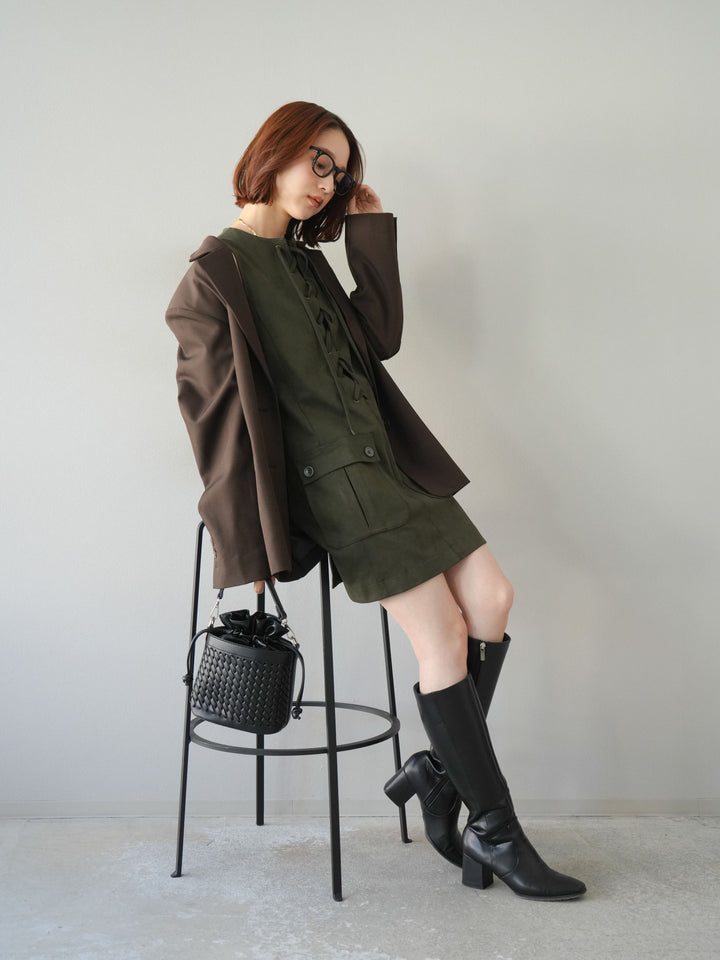 [予約]レースアップスエードミニワンピース/カーキ