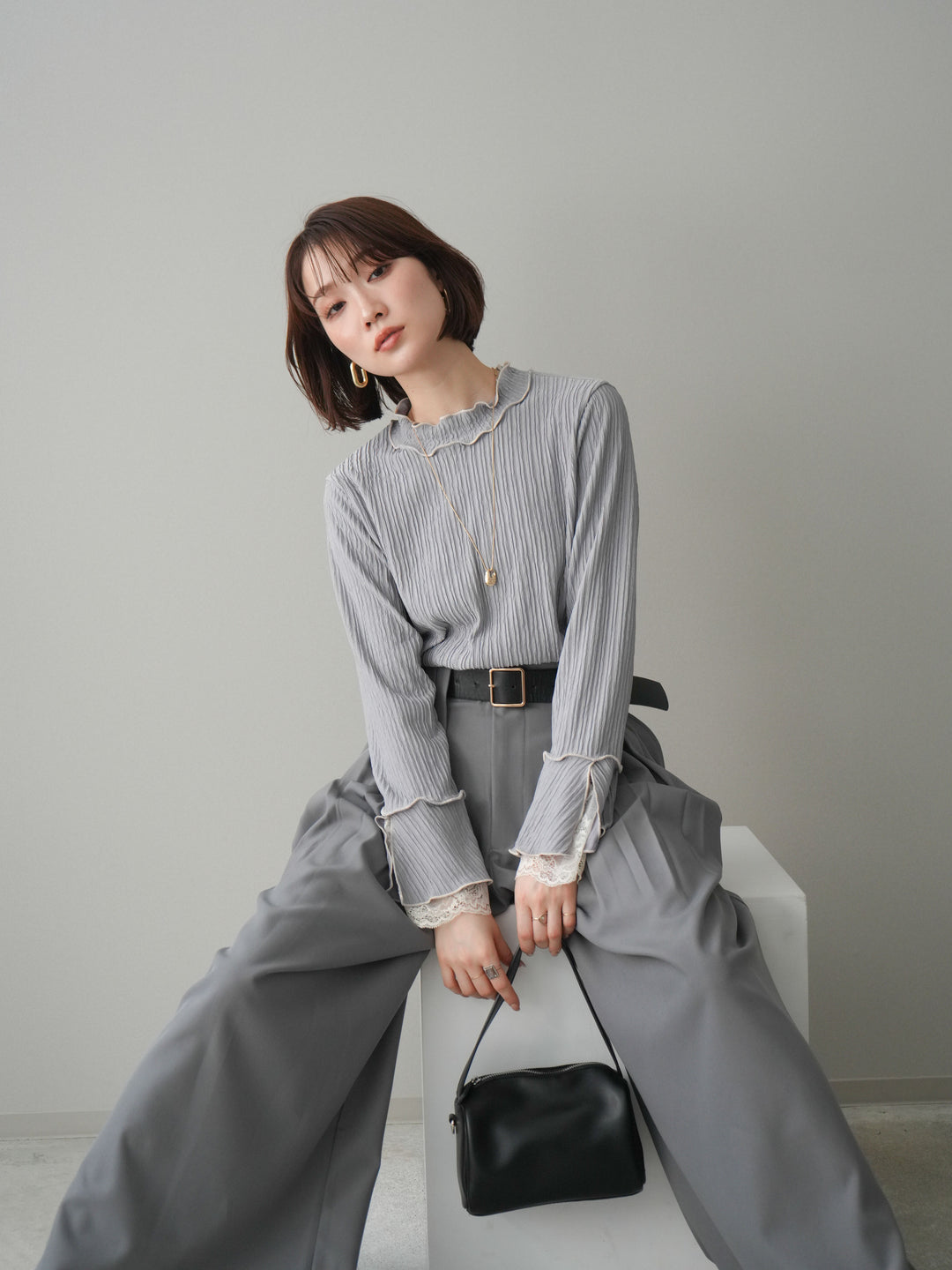 [予約]袖レース楊柳メロートップス/lightgray