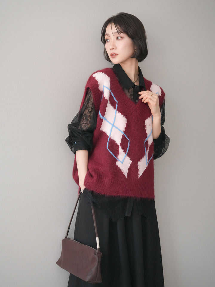 [SET]アーガイルVネックニットベスト+総レースボリュームスリーブシャツ(2set)