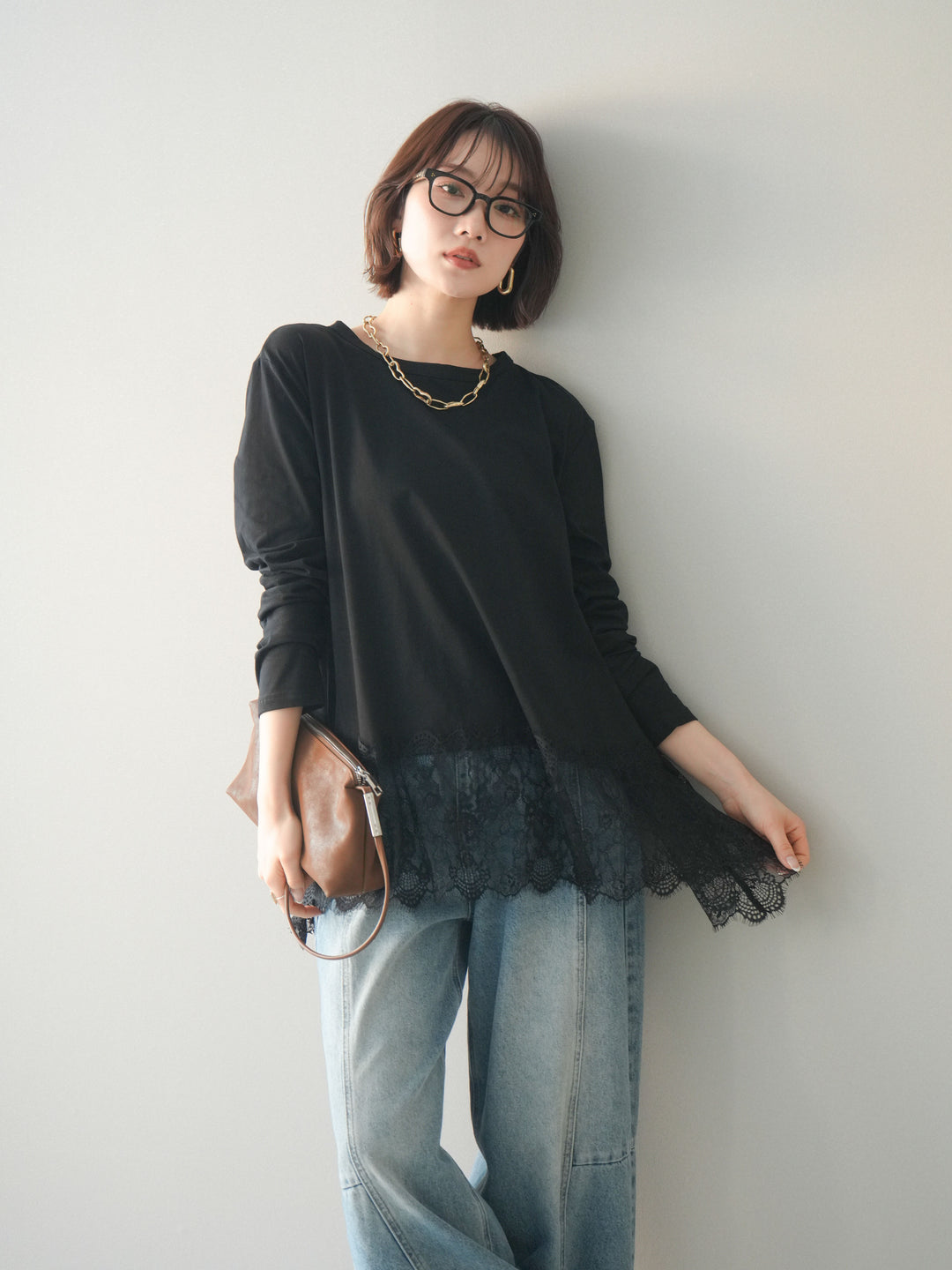 [SET]裾レースロングスリーブTシャツ+選べるアクセセット(2set)