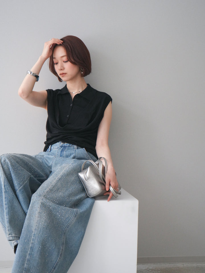 [SET]ノースリーブドレープニットトップス+フロントビジューカーブデニムパンツ(2set)