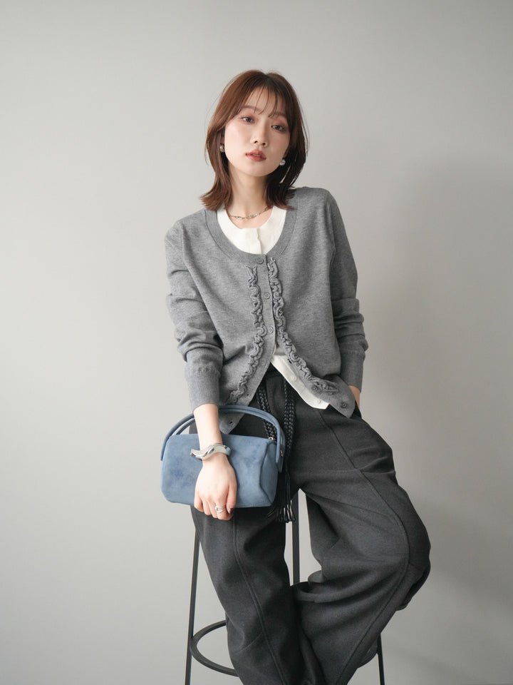 [予約]配色レイヤードフリルデザインニットカーディガン/gray