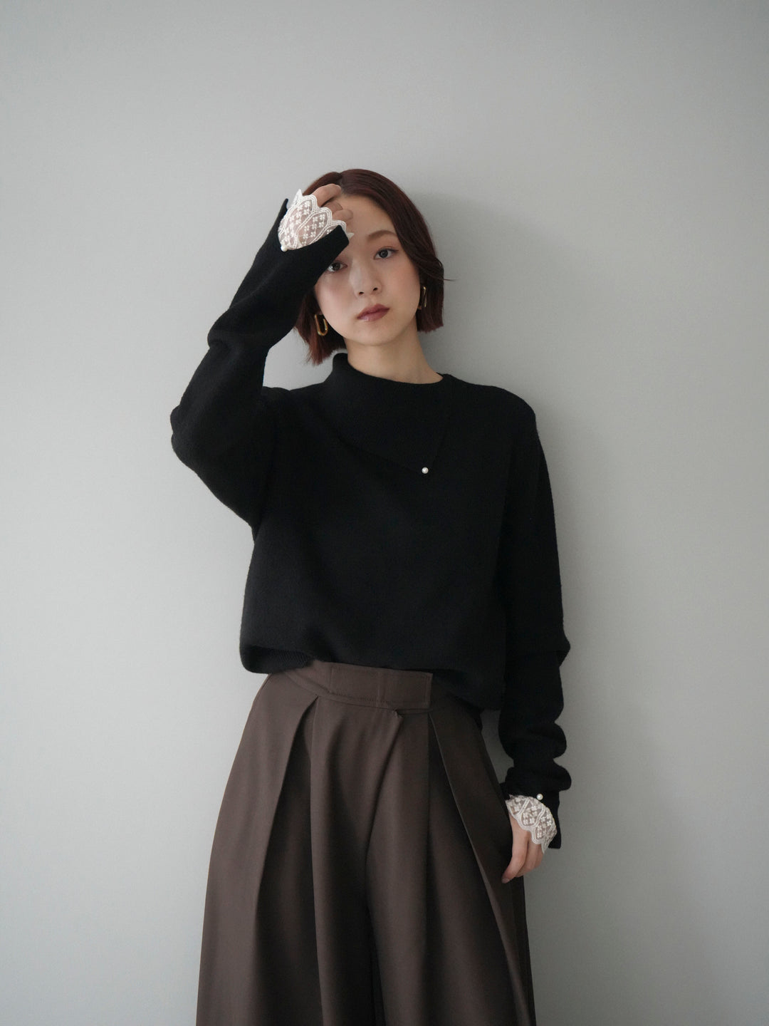 [SET]袖レースパール付き配色ニットトップス+テープベルトタックバギーパンツ(2set)