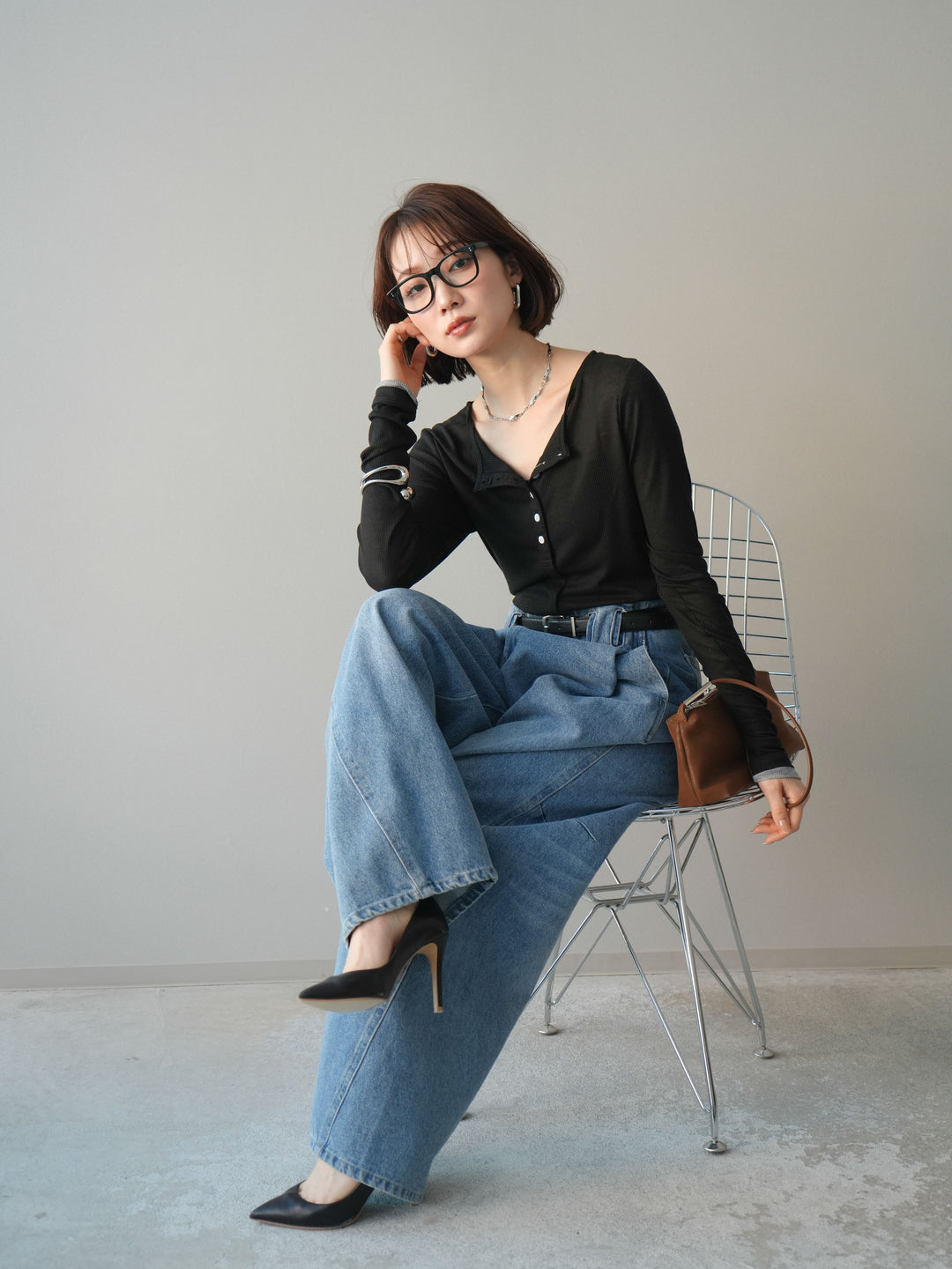 [予約]シアーリブバイカラーカーディガン/black