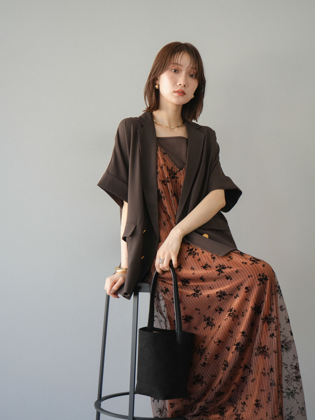 [套裝] 植絨薄紗層疊天鵝絨吊帶連身裙 + 金色紐帶半夾克 (2 套)