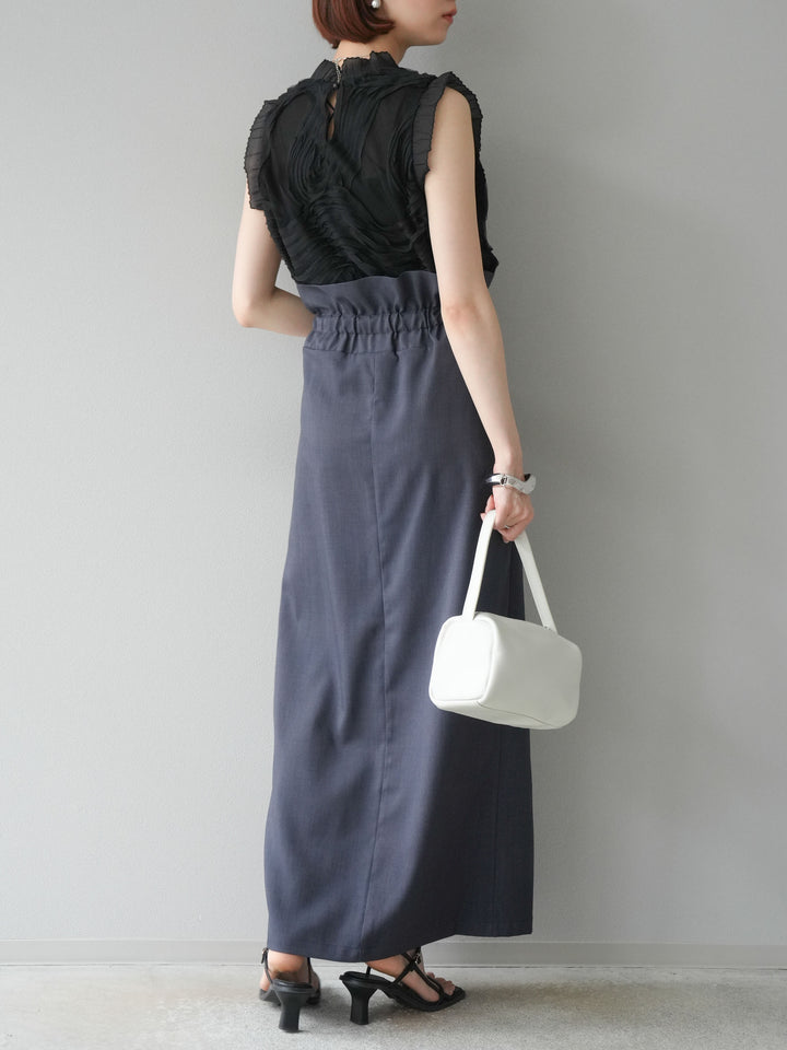 [SET]チュールジャガードノースリブラウス+ヘザーエステルギャザージップスカート(2set)