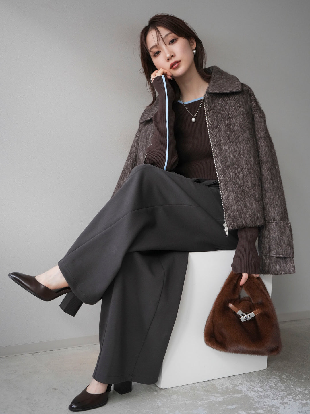 [予約]袖ビックループシャギージップブルゾン/brown