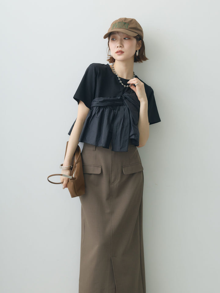 【着回しセット】[SET]ナイロンドッキングツイストTEE +クレープデシンフラップ付きストレートスカート+ストーンウォッシュルーズフィットデニム(3set)