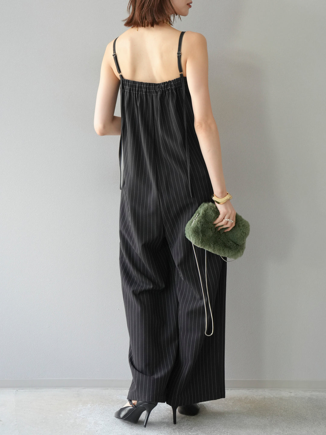 [予約]サテン切替ピンストライプサロペット/ブラック