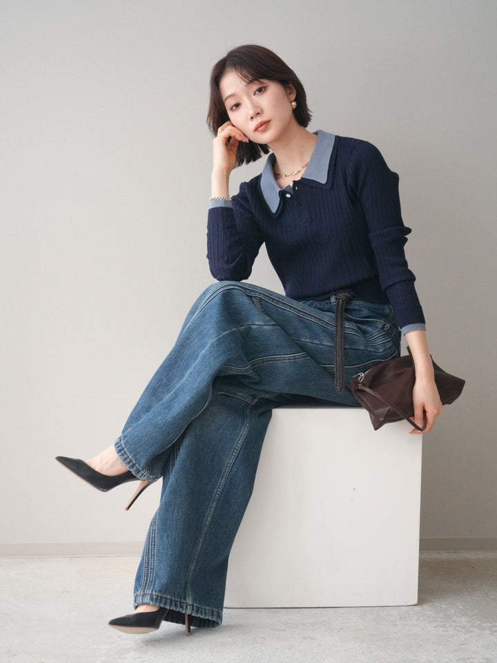 [予約]ダブル襟ポロリブニットトップス/navy
