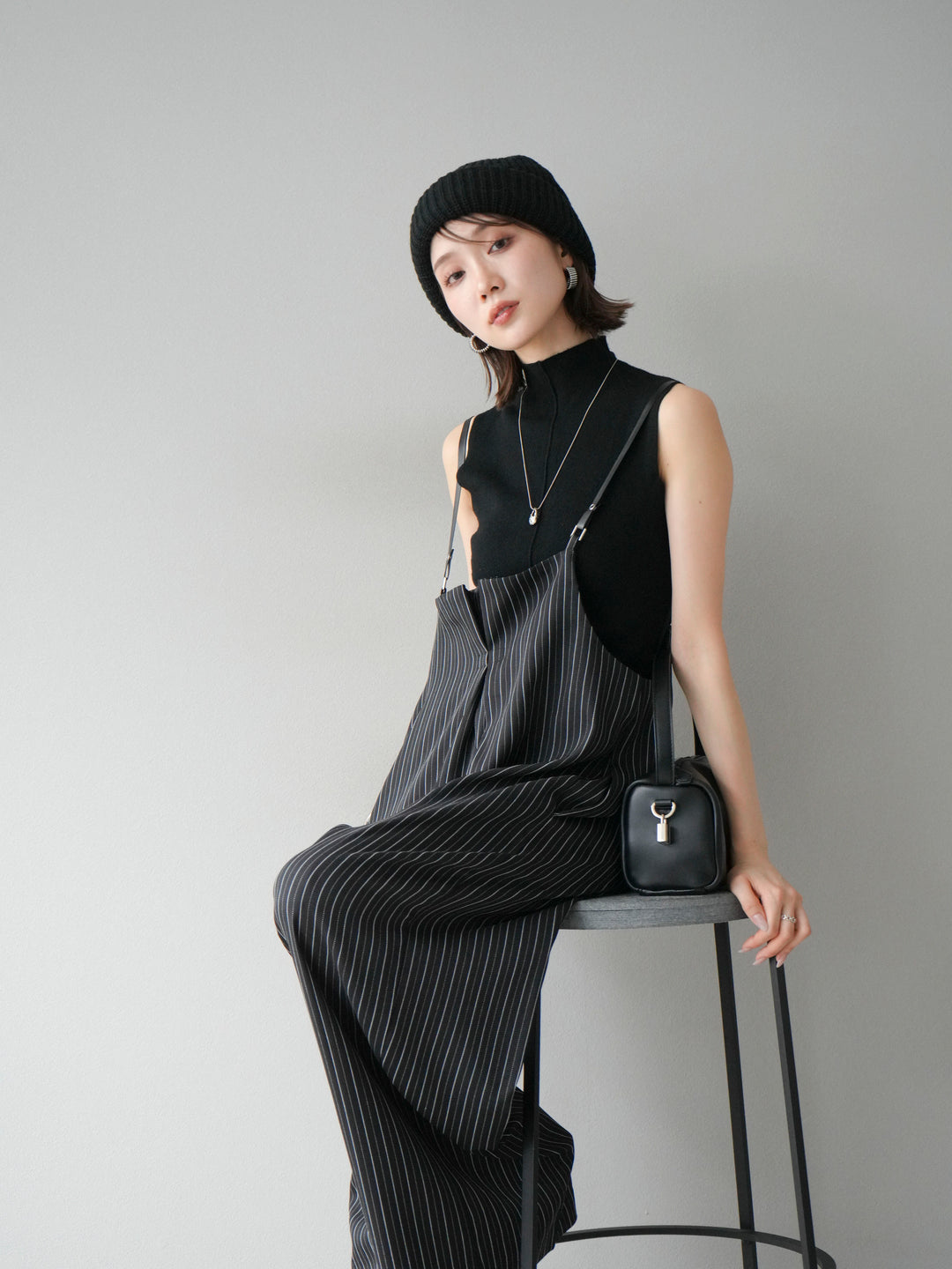 [予約]ヘリンボーンストライプサロペット/ブラック