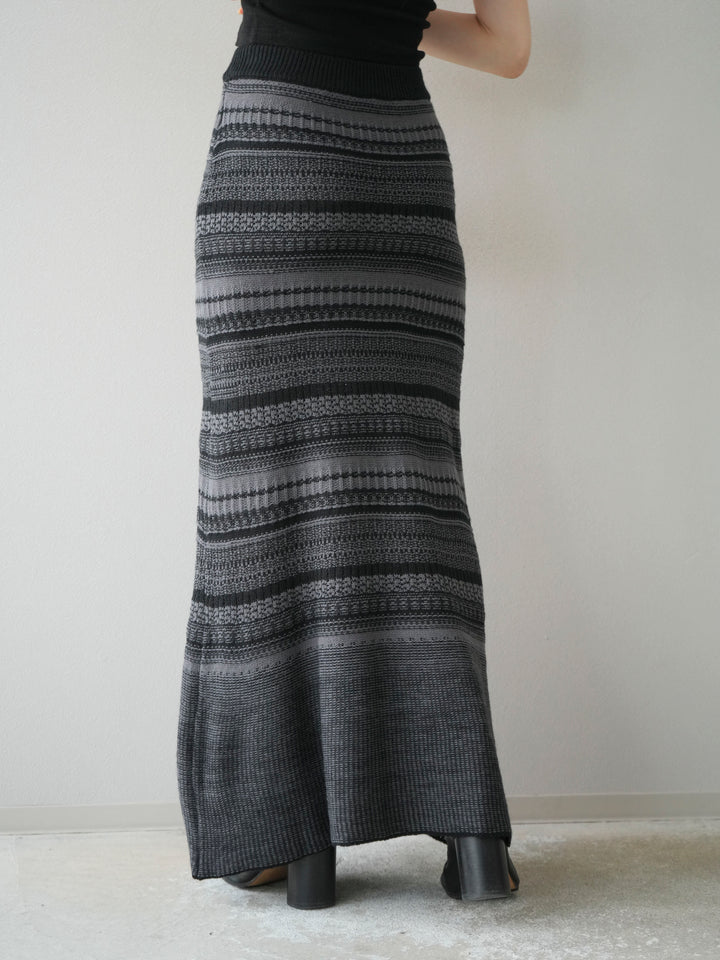 [予約]ガーター編みニットロングスカート/グレー×ブラック