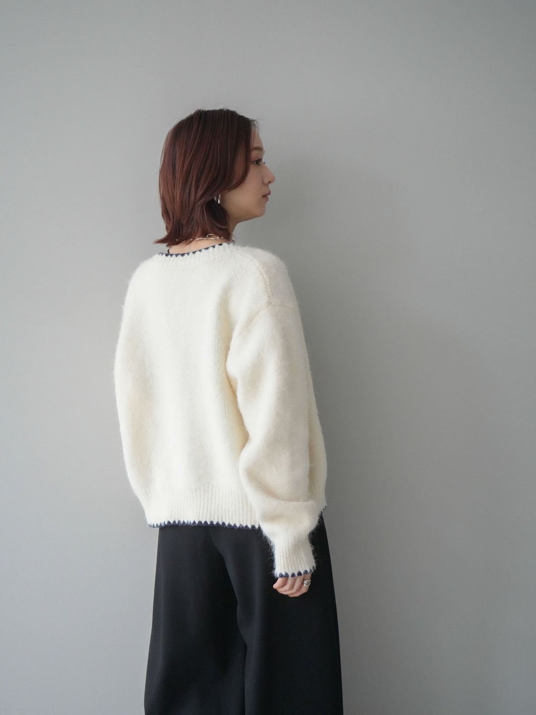 [SET]三角ステッチニットカーディガン+アニマル柄ベルト付きウールタッチワイドパンツ(2set)