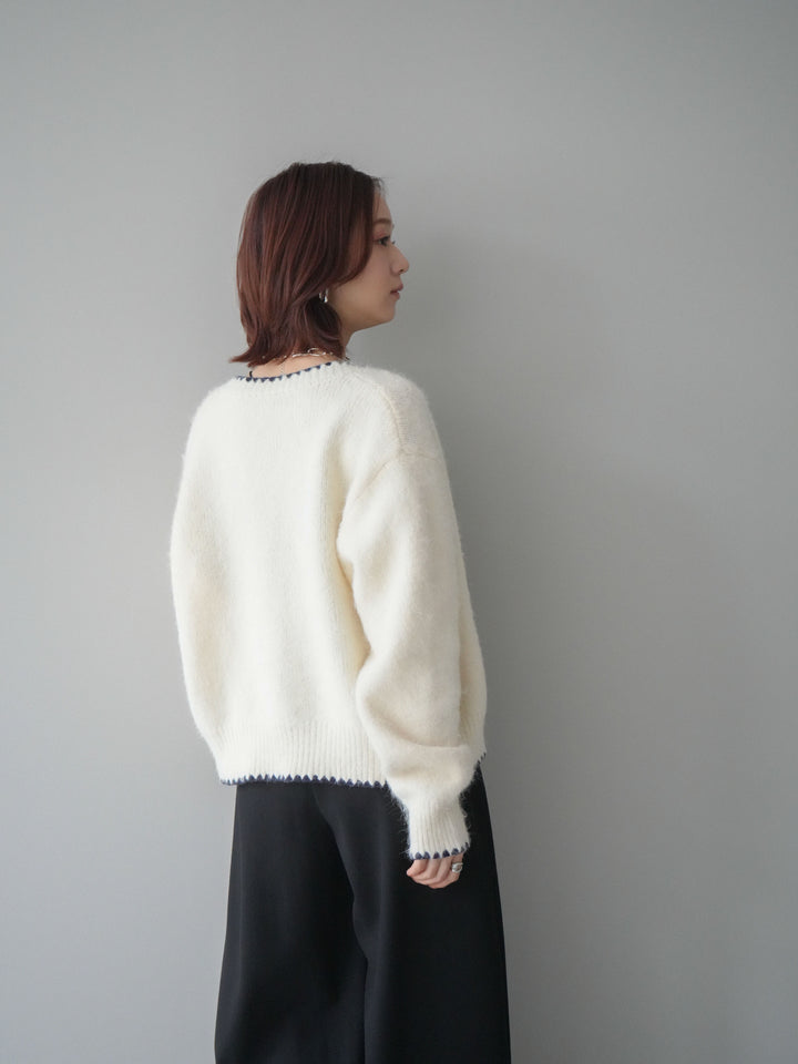 [SET]三角ステッチニットカーディガン+アニマル柄ベルト付きウールタッチワイドパンツ(2set)