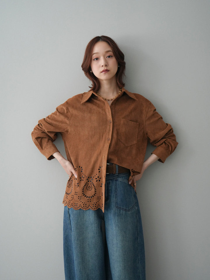 [SET]裾スカラップスエードシャツ+ベルト付裏起毛カーブデニムパンツ(2set)