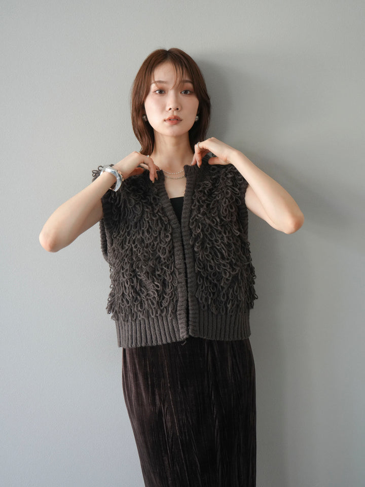 [SET]レザー襟オンブレチェックオーバーシャツ +ループデザインホックベスト +クラッシュベロアナロースカート(3set)