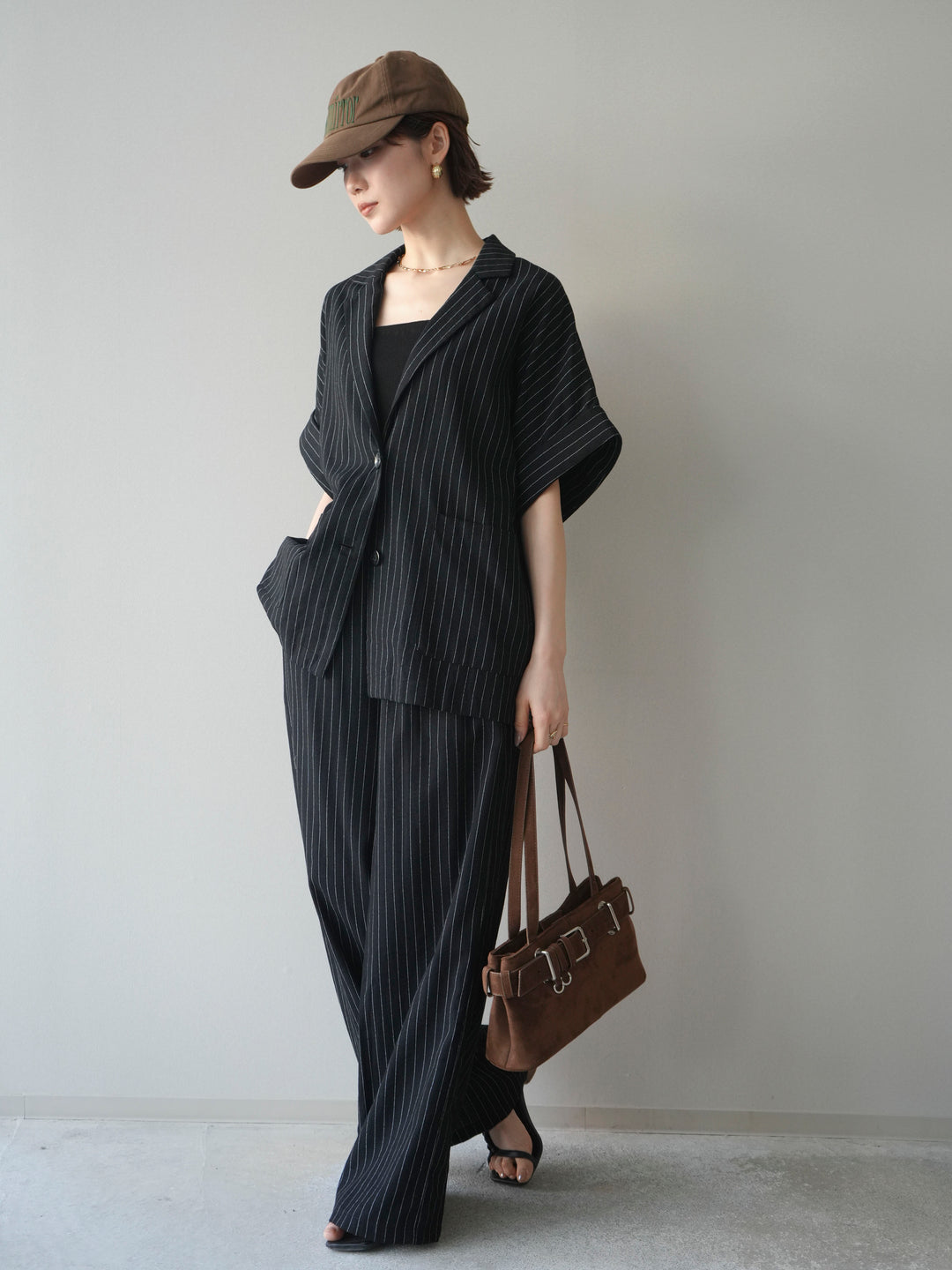 [SET]ストライプハーフスリーブオーバージャケット+ストライプリラックスワイドパンツ(2set)
