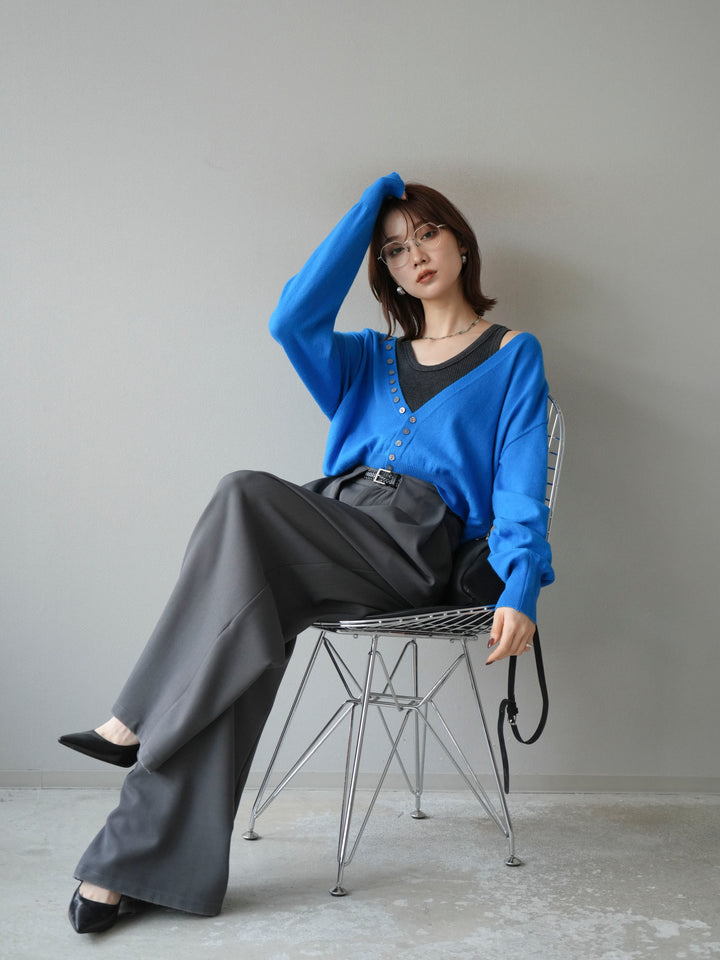 [SET]デザインボタンニットカーディガン＆タンクトップSET+ベルトループデザインワイドパンツ(2set)