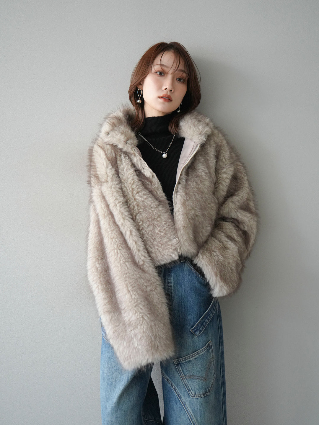 [予約]フェイクファーショートZIPジャケット/beigemix