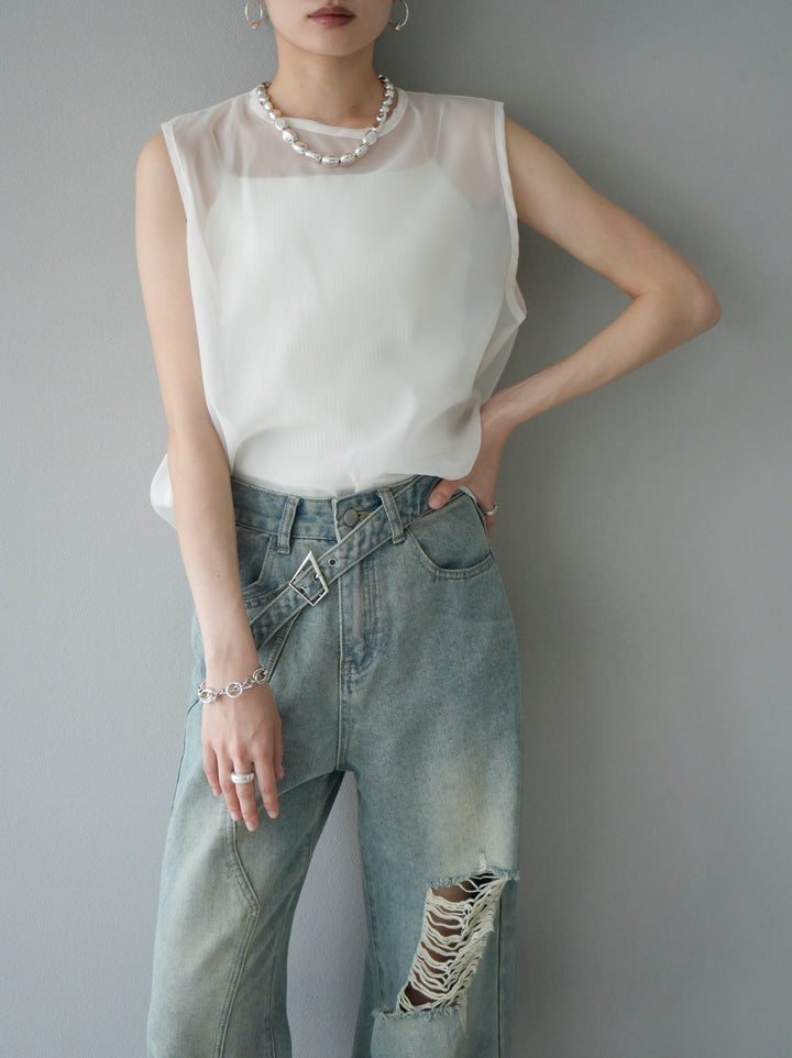 [SET] Organdy sleeveless top + belt asymmetrical damaged denim (2set)