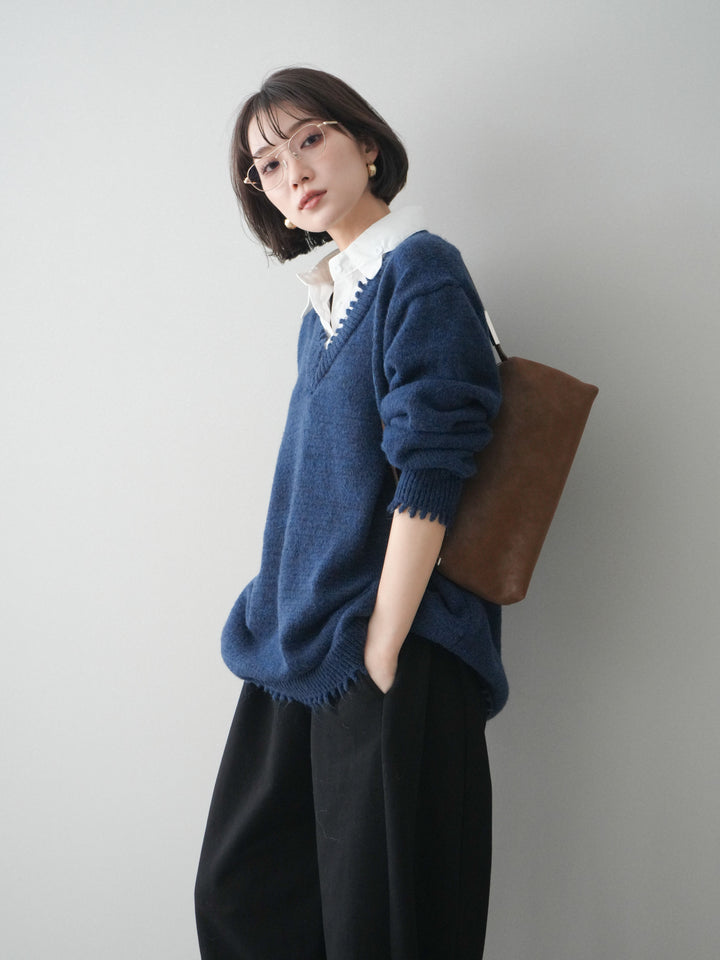 [予約]シャツドッキングVネックフリンジニットプルオーバー/navy