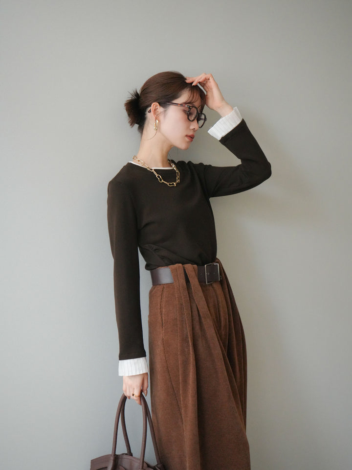 [SET]袖プリーツ配色レイヤードトップス+ベルトデザインループコールテンワイドパンツ(ベルト付き)(2set)