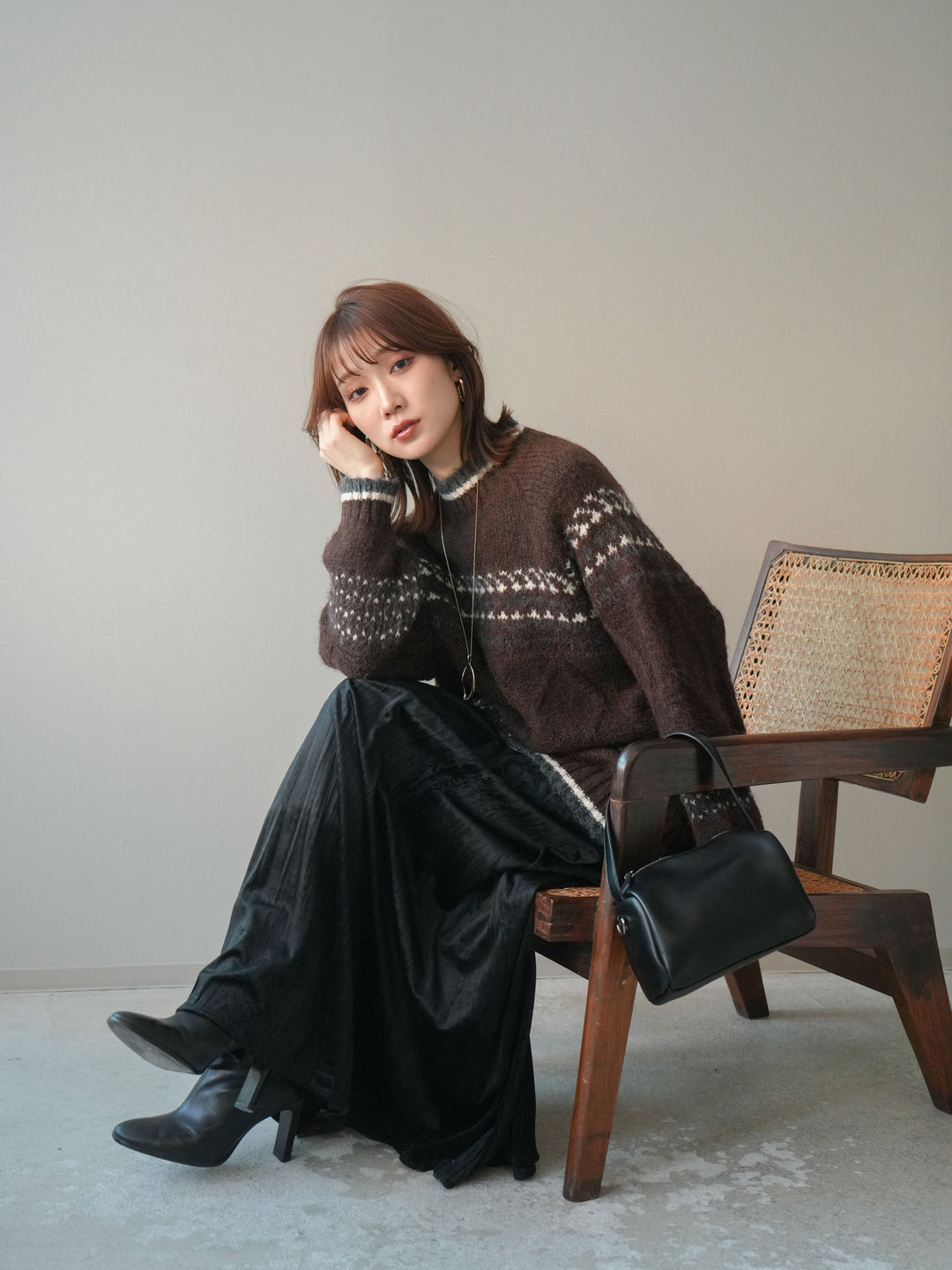 [予約]裾配色ノルディック柄ニットプルオーバー/brown