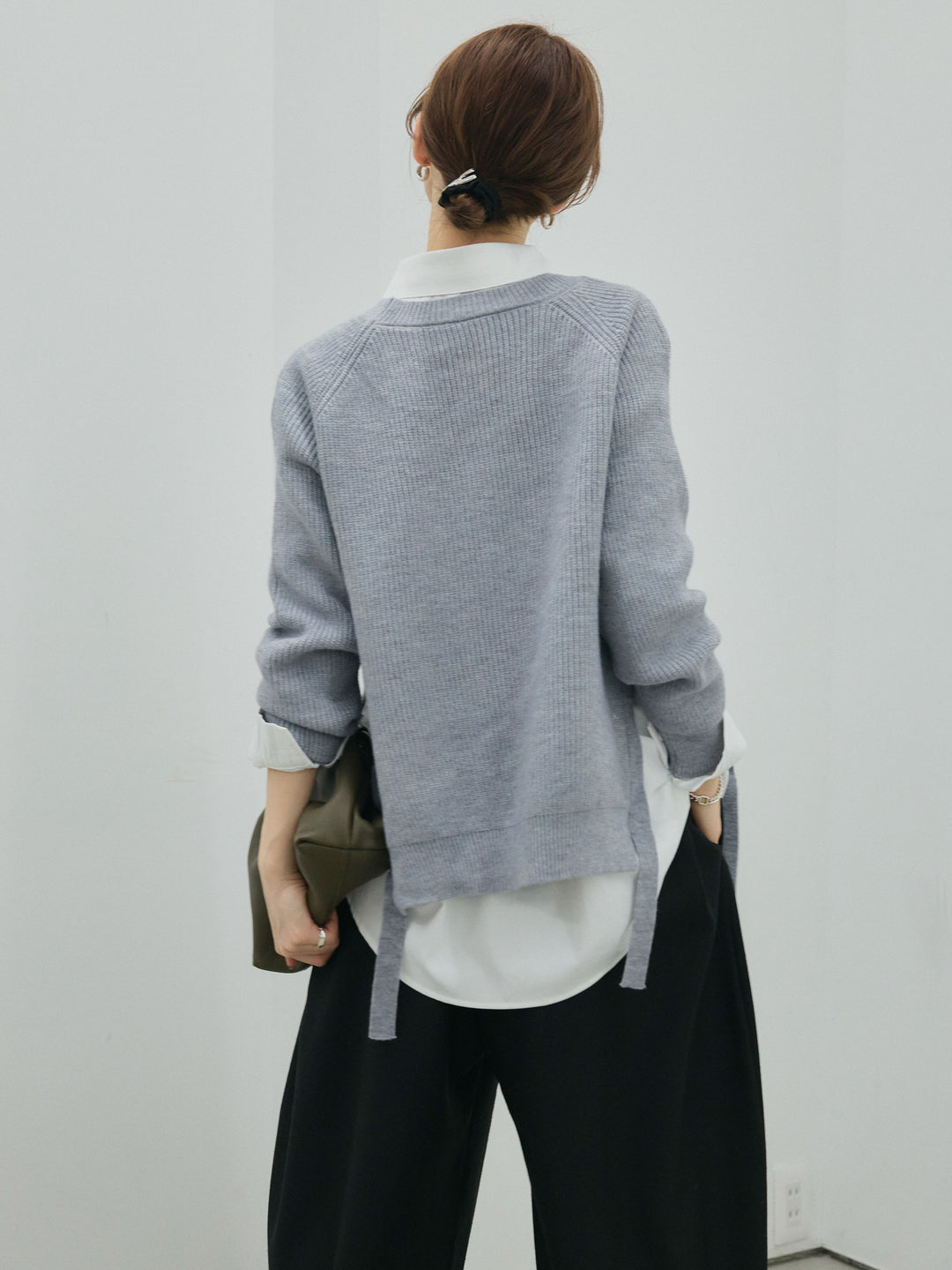 [予約]サイドスリット畦編みニットプルオーバーシャツアンサンブル/gray