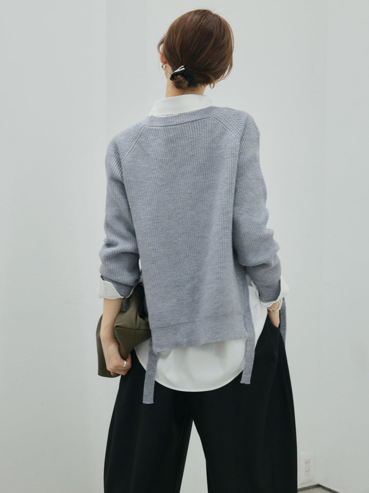 [予約]サイドスリット畦編みニットプルオーバーシャツアンサンブル/gray