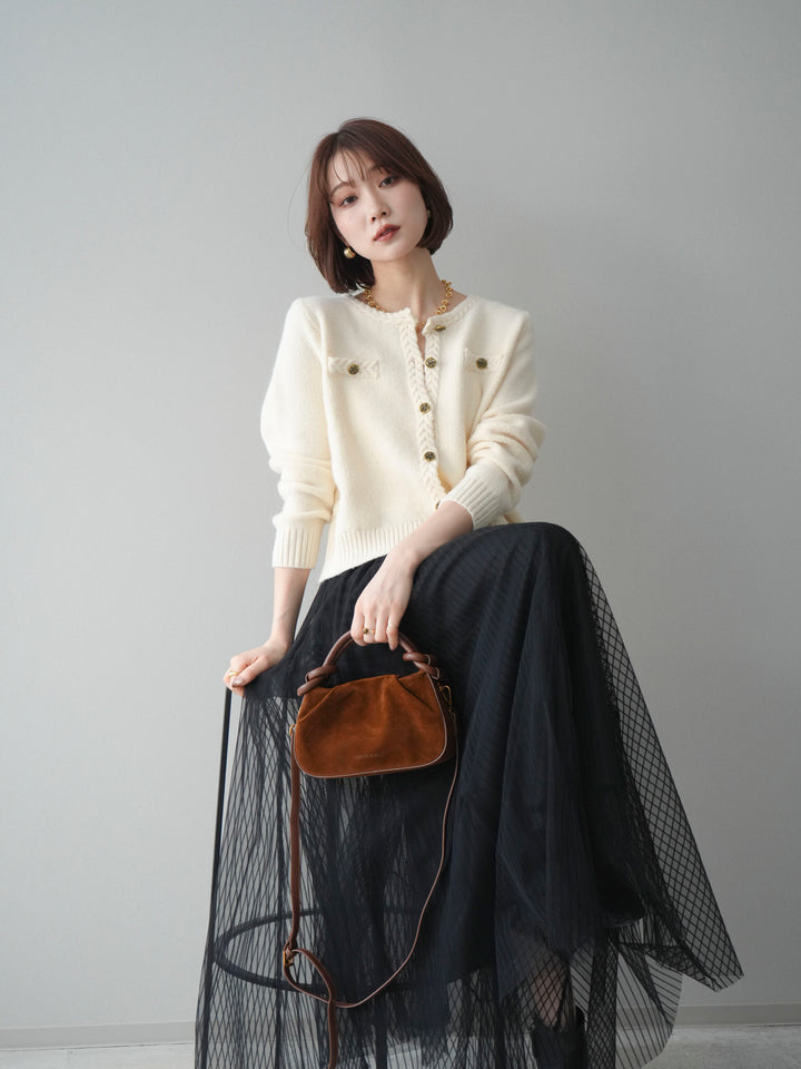 [SET]編みこみアンティークボタンニットカーディガン+チュールストライプボリュームスカート(2set)