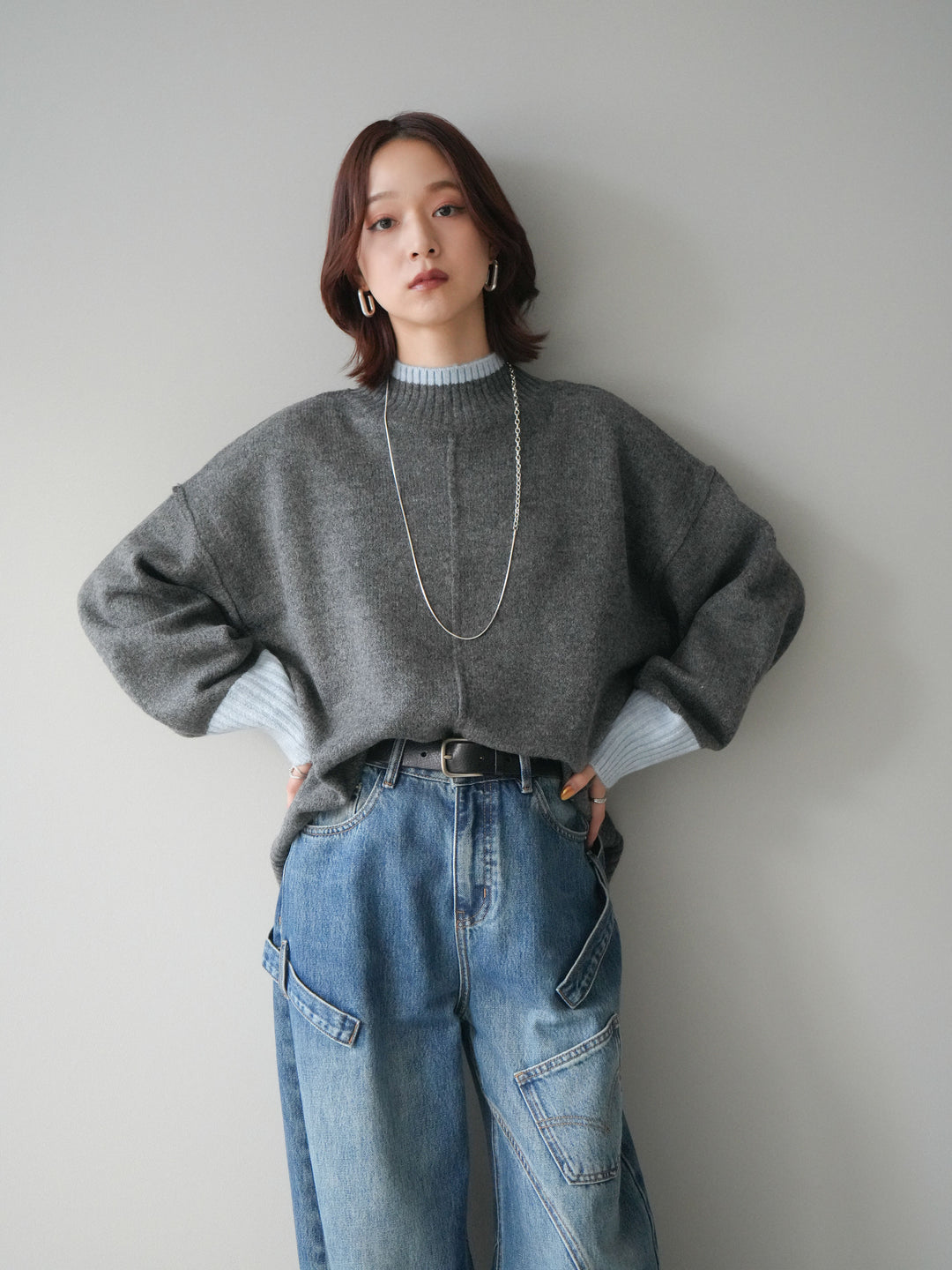 [SET]配色ハイネックニットプルオーバー+ペインターカーブデニムパンツ(2set)