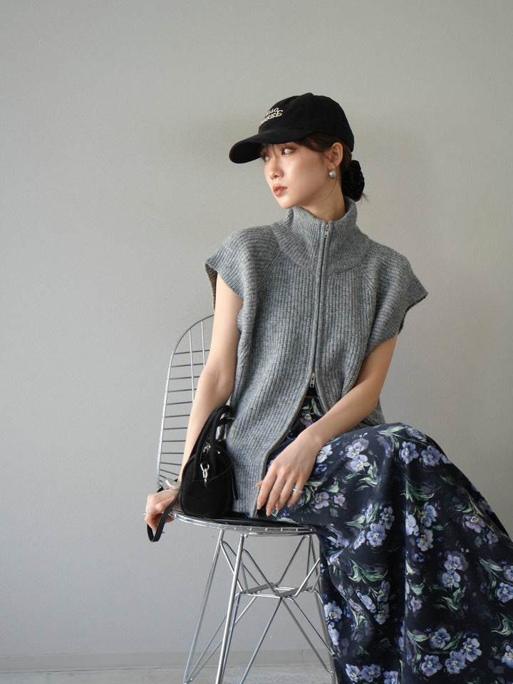 [予約]ダブルZIPハイネック畦編みニットベスト/杢グレー