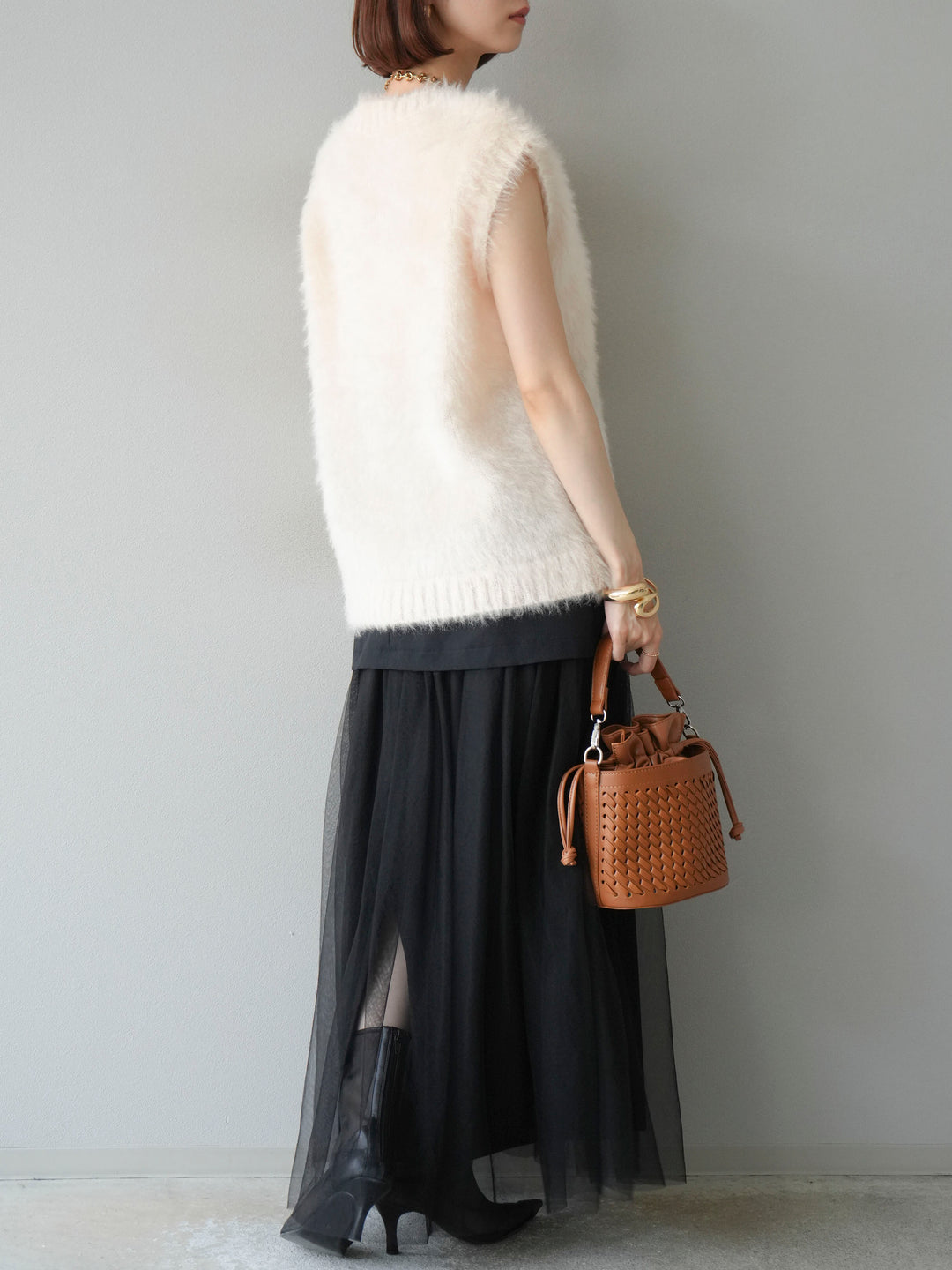 [予約]エステル切替チュールスカート/ブラック