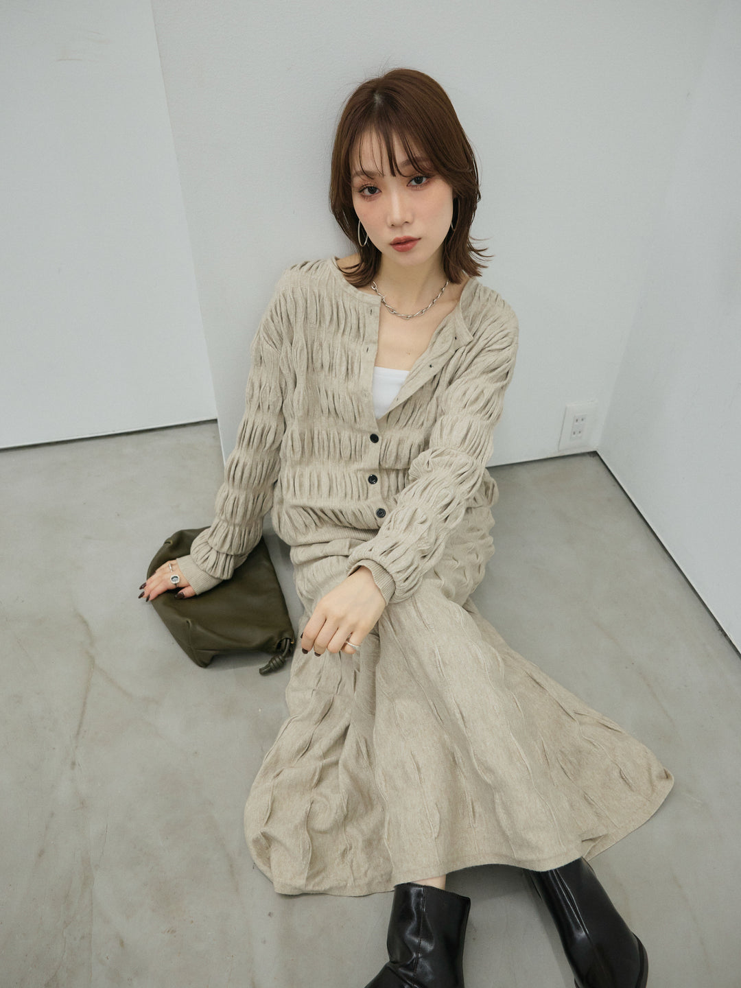 【Allure】[SET]シャーリングニットカーディガン&ニットスカートSET UP+シャーリングニットカーディガン&ニットスカートSET UP(2set)