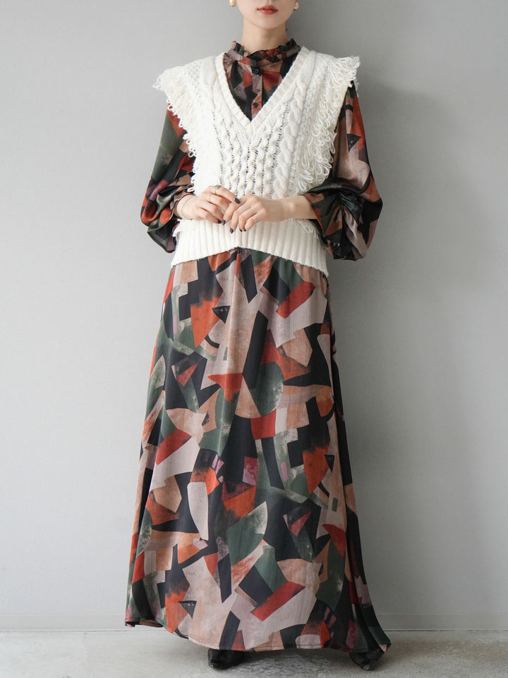 [SET]レトロプリントフリルブラウス+選べるアクセセット(2set)