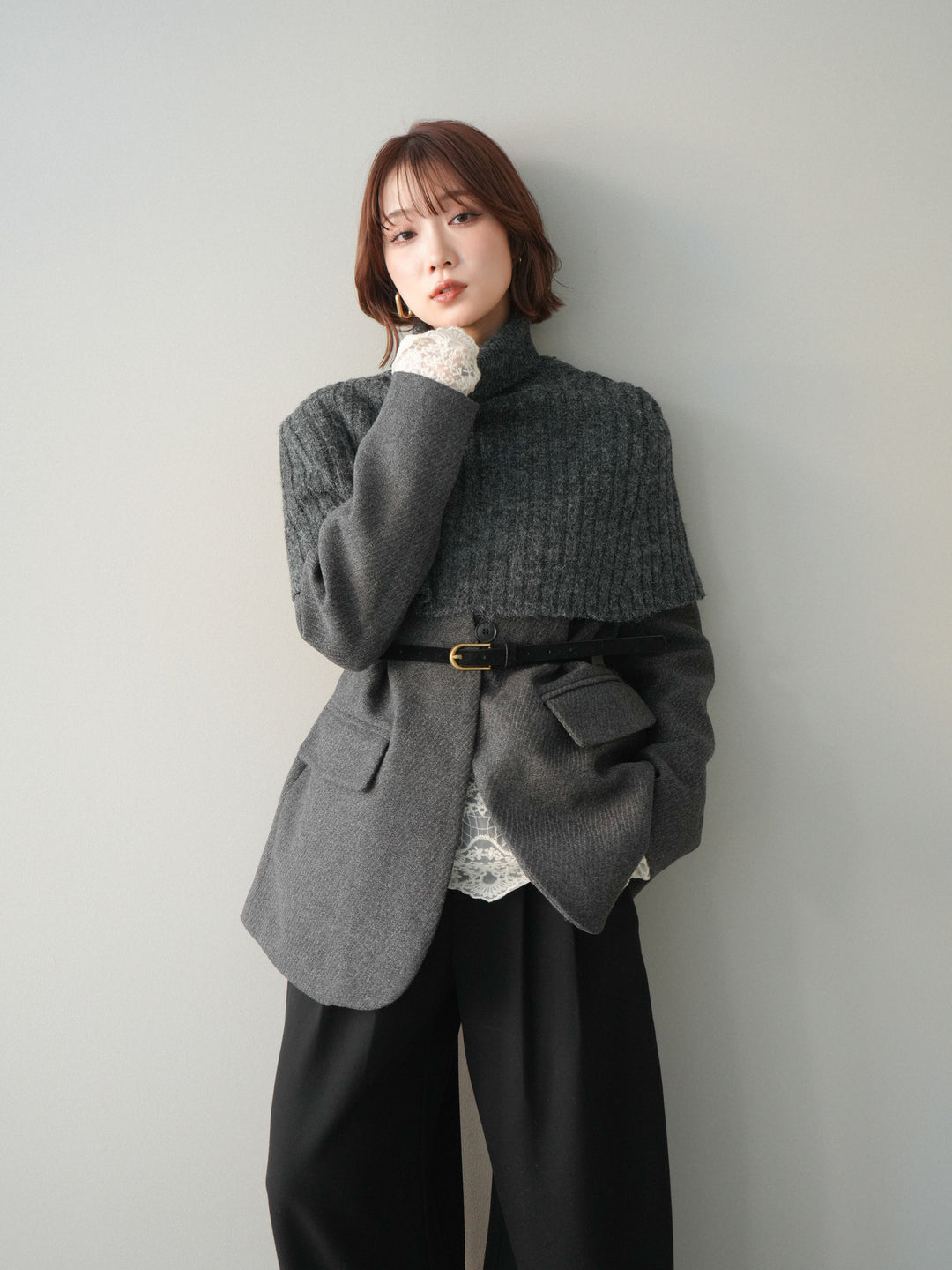 [20%オフ]ケープ付ノーカラージャケット/charcoal