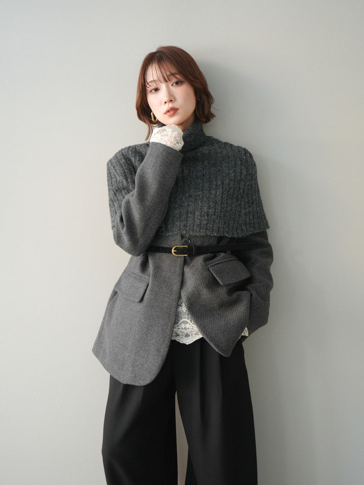 [20%オフ]ケープ付ノーカラージャケット/charcoal