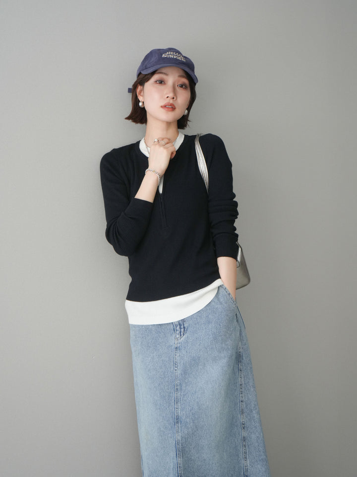 [予約]フロントジップ配色レイヤードニットトップス/navy