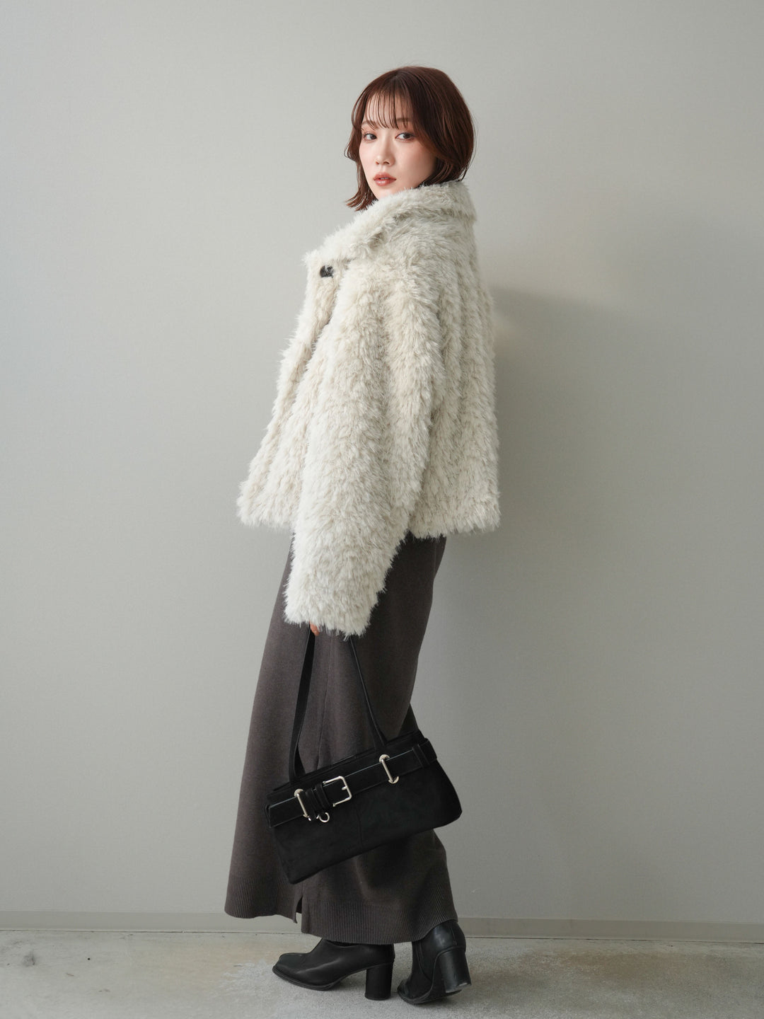 [SET]配色ポロニットワンピース+フェイクファー襟付きショートブルゾン(2set)