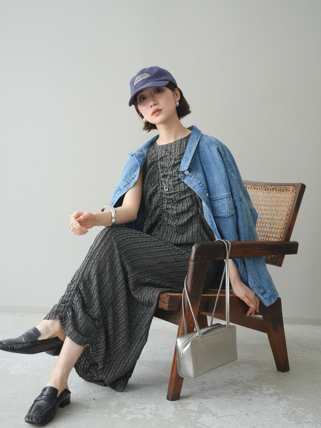 [予約]シャーリングジャガードノースリーブワンピース/gray