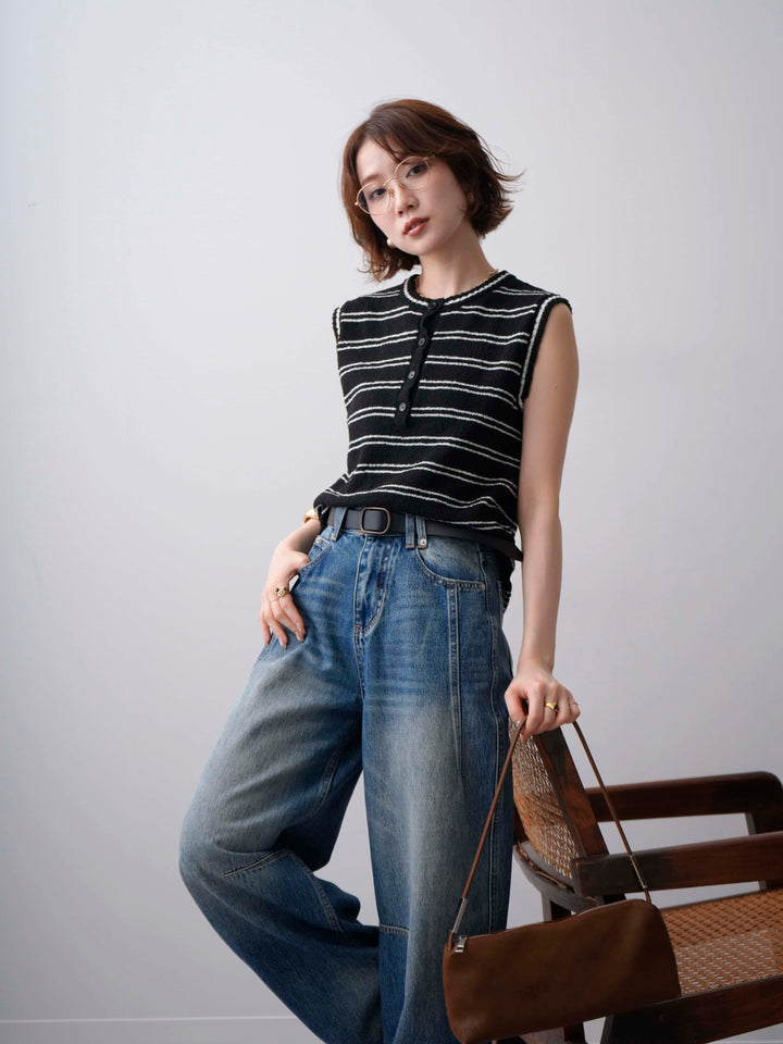 [SET]ボーダーヘンリーノースリニットトップス+立体カーブデニムパンツ(2set)