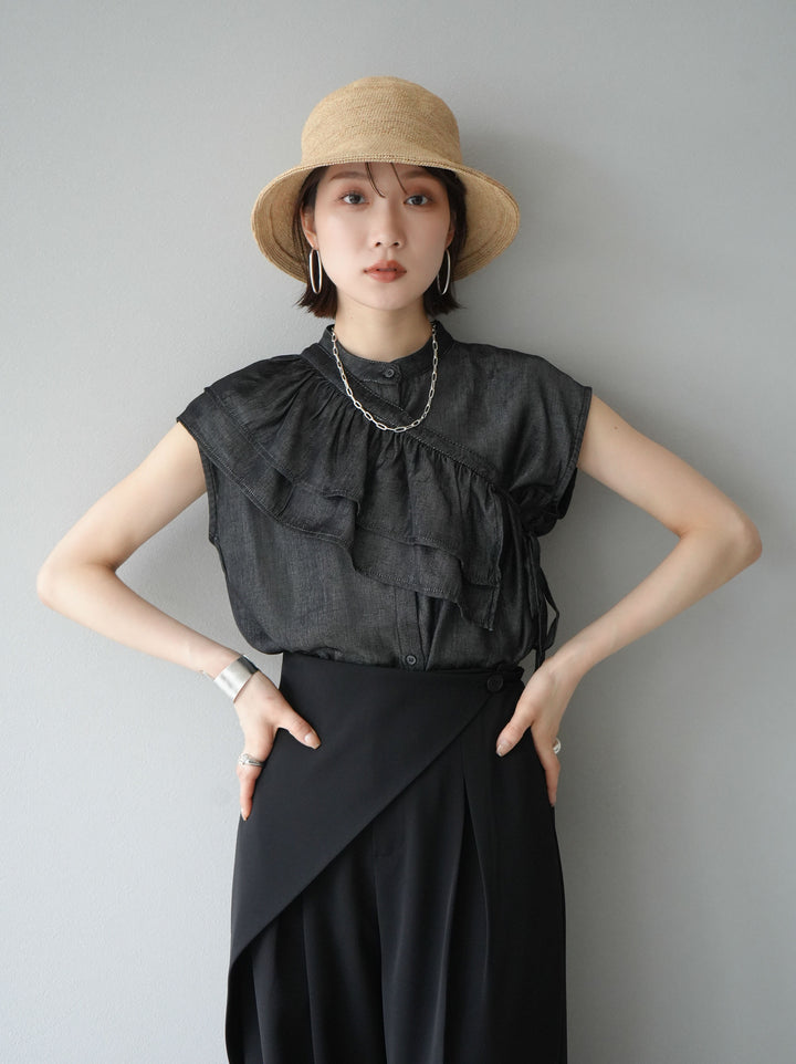 [Pre-order] Tencel denim blouse with sash/Black