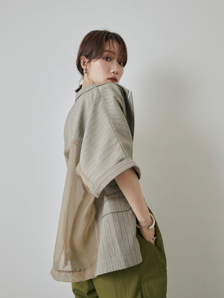 [予約]バックオーガンジーヘリンボーンストライプハーフジャケット/グレージュ