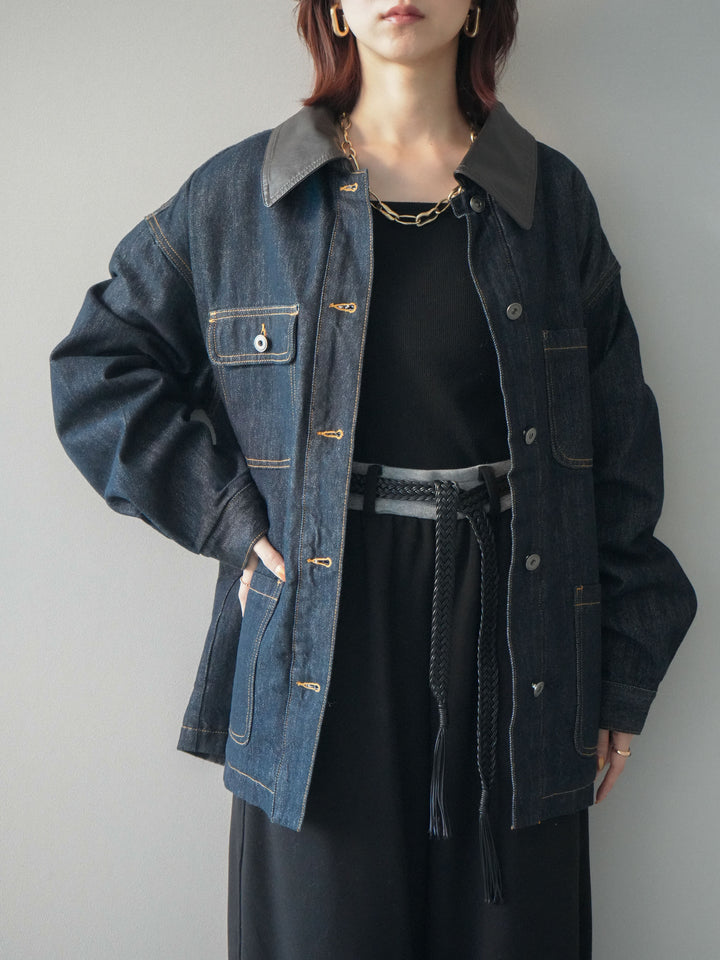 [SET]裏地ファーデニムフライトジャケット+編み込みベルト付きウエスト配色スエットパンツ(2set)