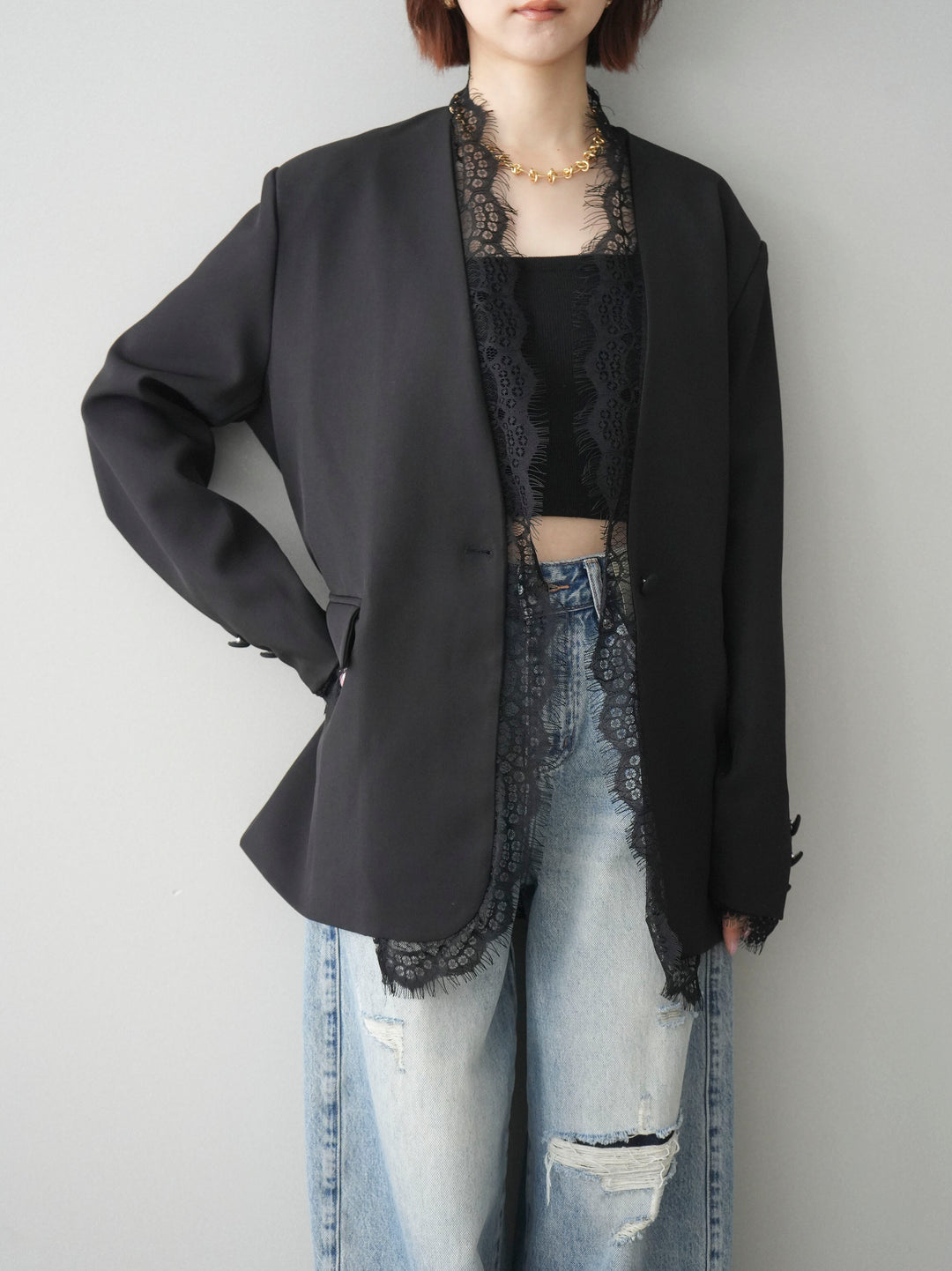 [SET]ノーカラーレースジャケット+ダメージデニムセミワイドパンツ(2set)