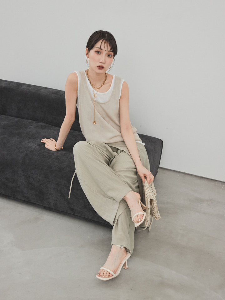 [SET]バイカラーレイヤードニットタンクトップ+ワッシャーサテンレイヤードスカートパンツ(2set)