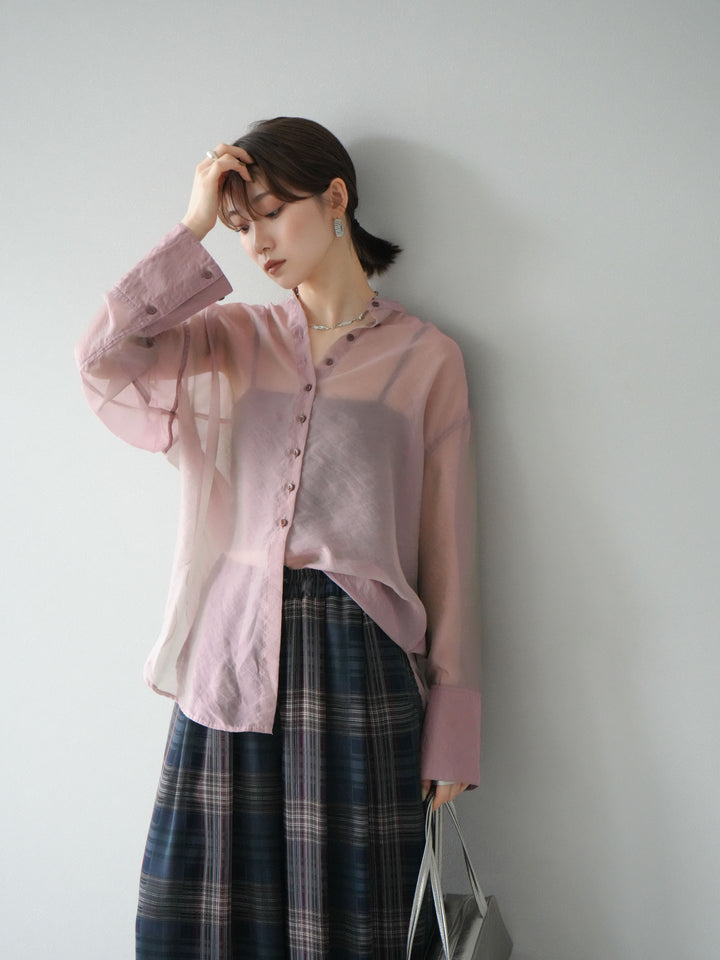 [SET] 亮面透視立領襯衫 + 透視格紋寬鬆褲 (2 件套)