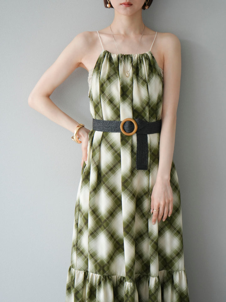 [SET] 繫腰帶格紋無袖連身裙 + 可選飾品套裝（2 套）
