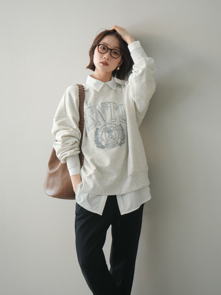 [SET]カレッジロゴ刺繍BIGスウェットプルオーバー+ボウタイ付オーバーシャツ(2set)