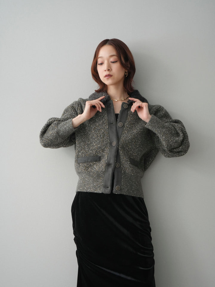 [SET]襟ボアミックスヤーンニットカーディガン+ギャザーベロアスカート(2set)